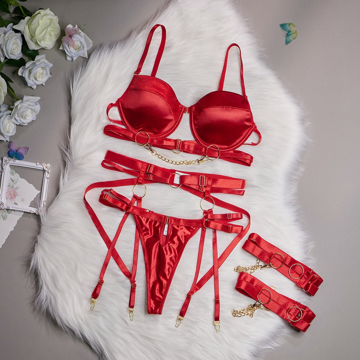 Dört Parçalı Dantel Lingerie Seti - INTIME - Kırmızı